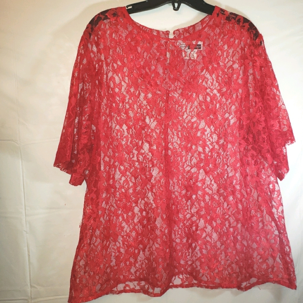 David Lindsay Red Lace Short Sleeve Top Size 1X